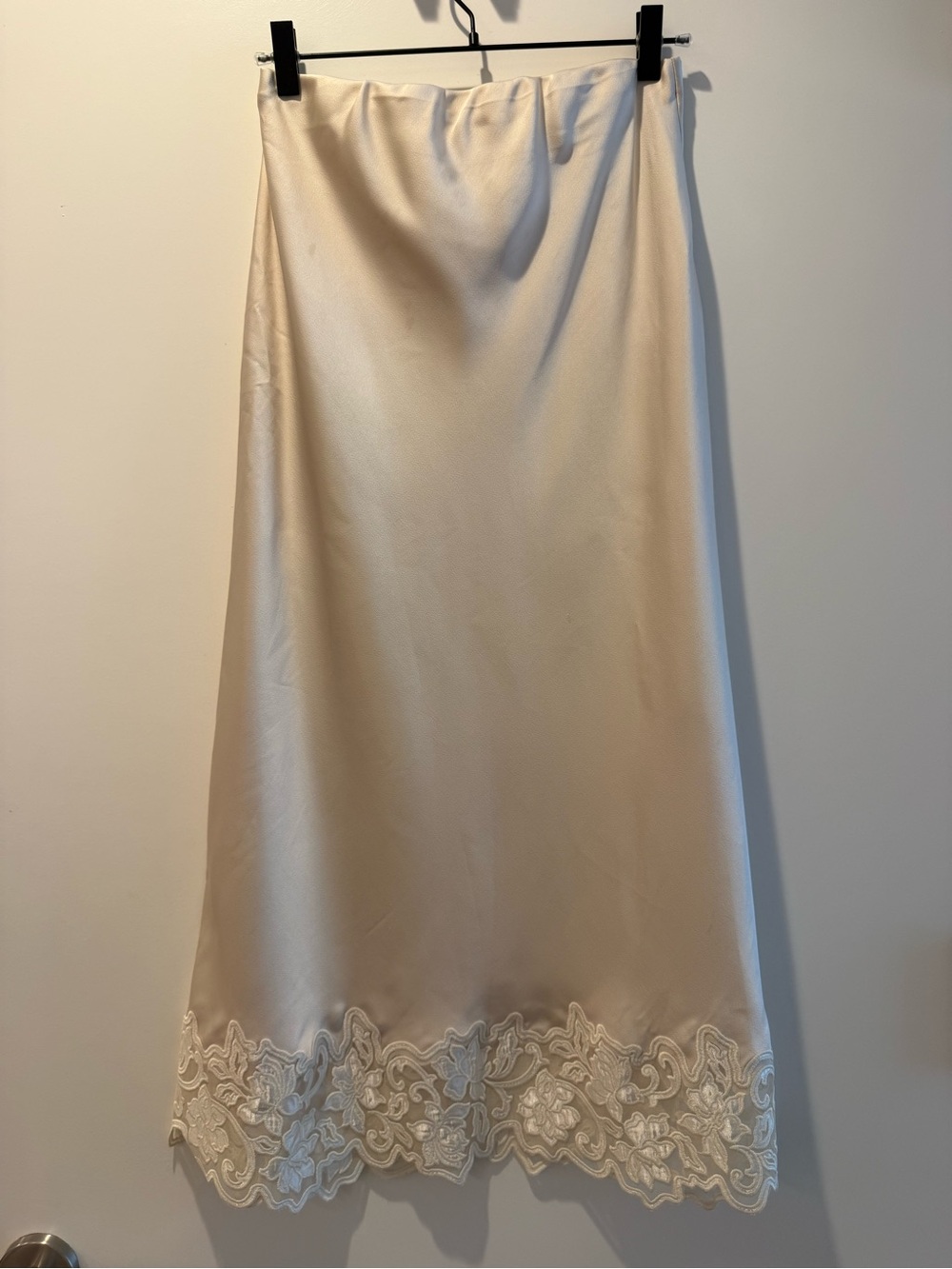 L'Academie Champagne Satin Midi Skirt with Lace Hem